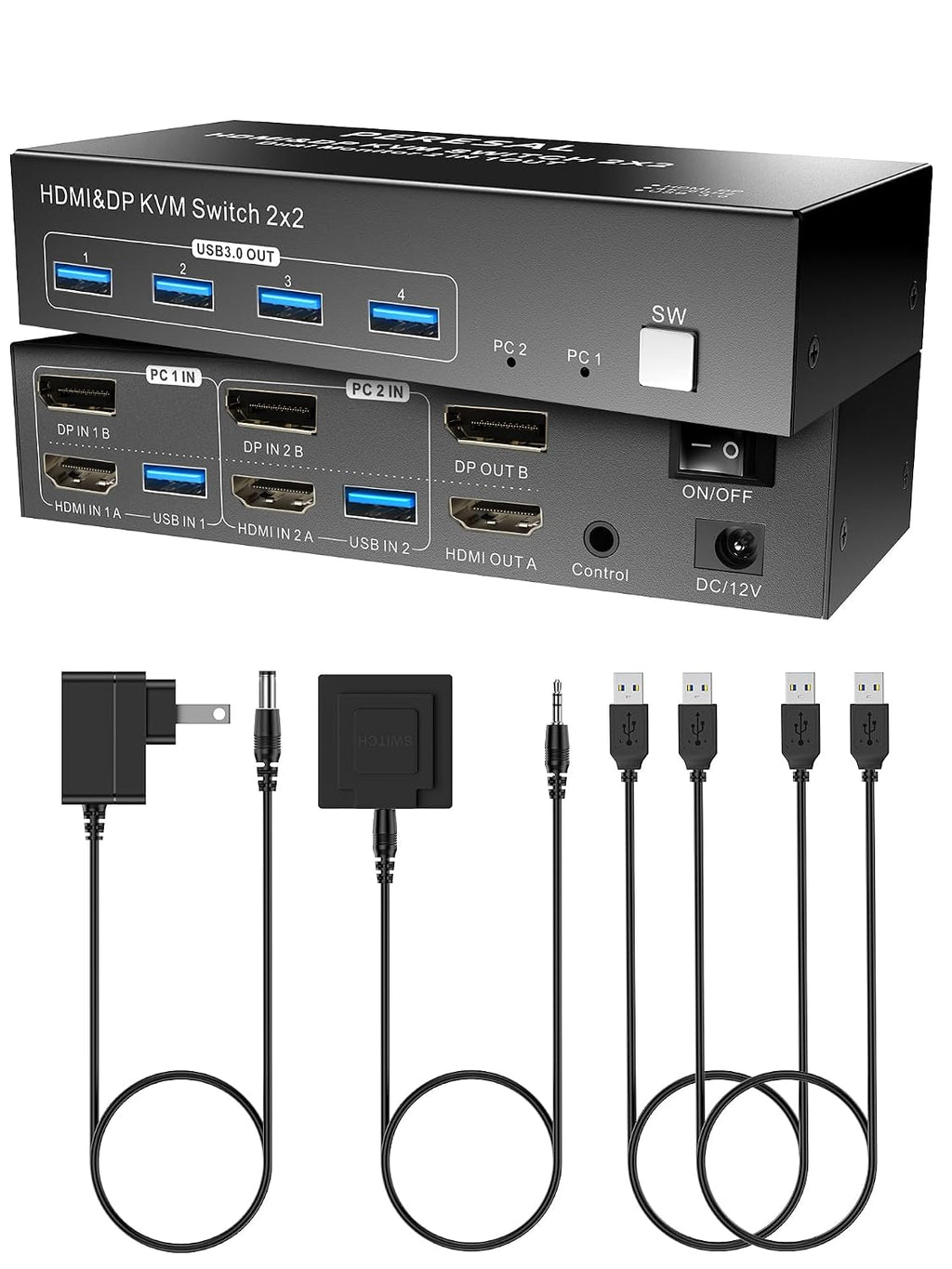 Dual Monitor HDMI DP KVM Switch, 2 Computers 4K60Hz Dual Monitor KVM Switches for Dual PC or Laptops,4 USB 3.0 Ports Support Extended/Copy Mode with DC 12V Adapter&Wired Controller