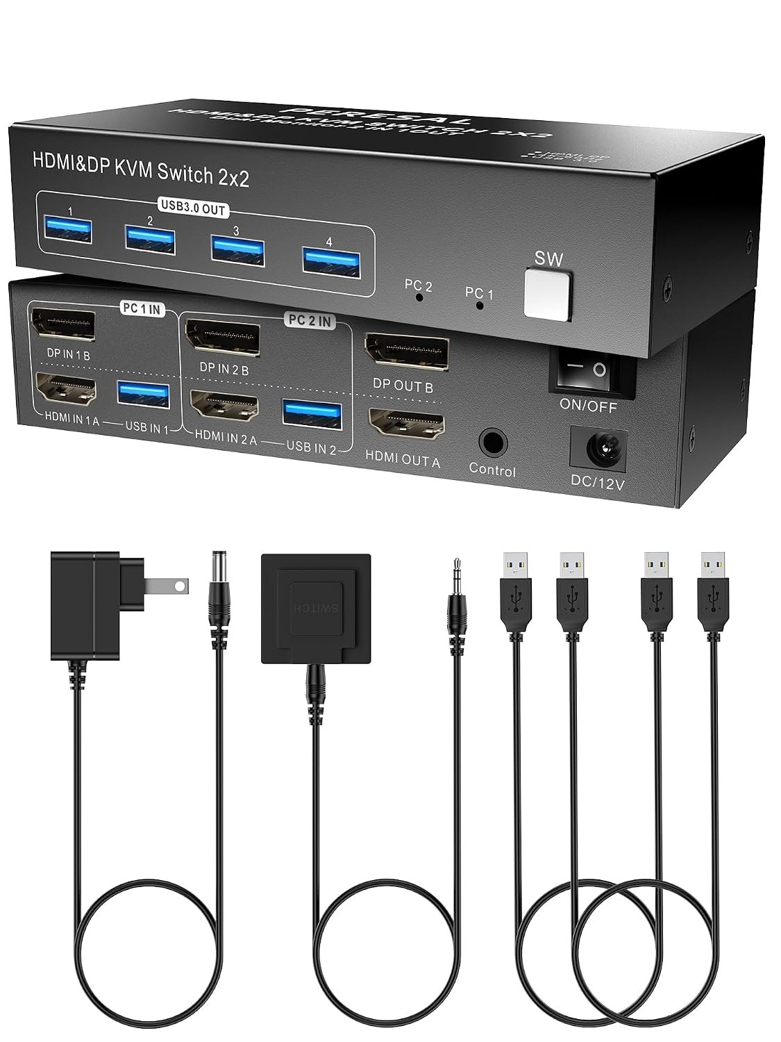 Dual Monitor HDMI DP KVM Switch, 2 Computers 4K60Hz Dual Monitor KVM Switches for Dual PC or Laptops,4 USB 3.0 Ports Support Extended/Copy Mode with DC 12V Adapter&Wired Controller