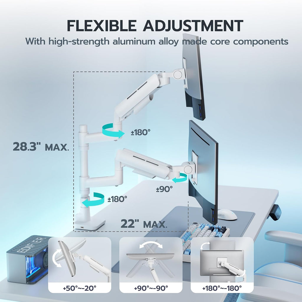 ARES WING Dual Monitor Mount for 17-49 Inch Ultrawide Heavy Duty Curved Screen Stacking, Computer Monitor Arm Desk Mount with USB, Gas Spring Adjustable Vesa Stand, White
