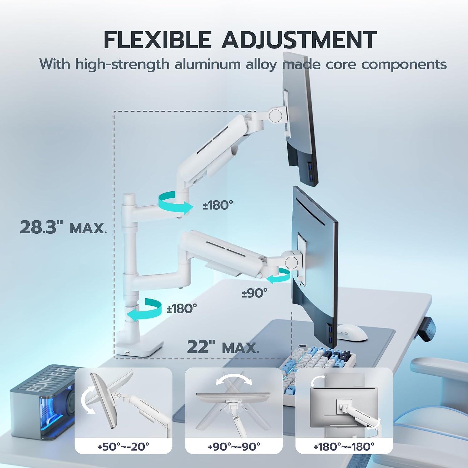 ARES WING Dual Monitor Mount for 17-49 Inch Ultrawide Heavy Duty Curved Screen Stacking, Computer Monitor Arm Desk Mount with USB, Gas Spring Adjustable Vesa Stand, White
