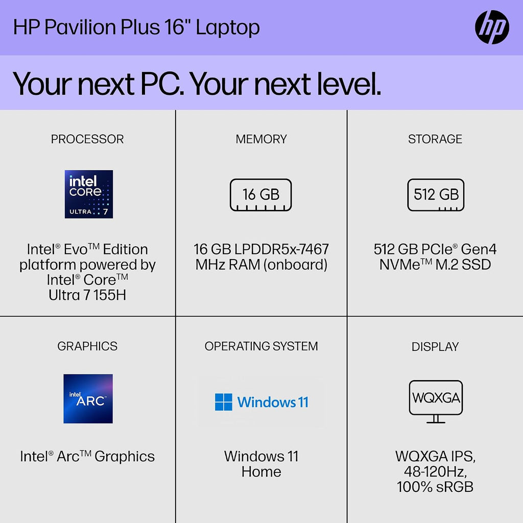 HP Pavilion Plus 16 inch Laptop, WQXGA Display, Intel Evo Edition Platform Powered by Intel Core Ultra 7 155H, 16 GB RAM, 512 GB SSD, Intel Arc Graphics, Windows 11 Home, 16-ab1010nr (2024)
