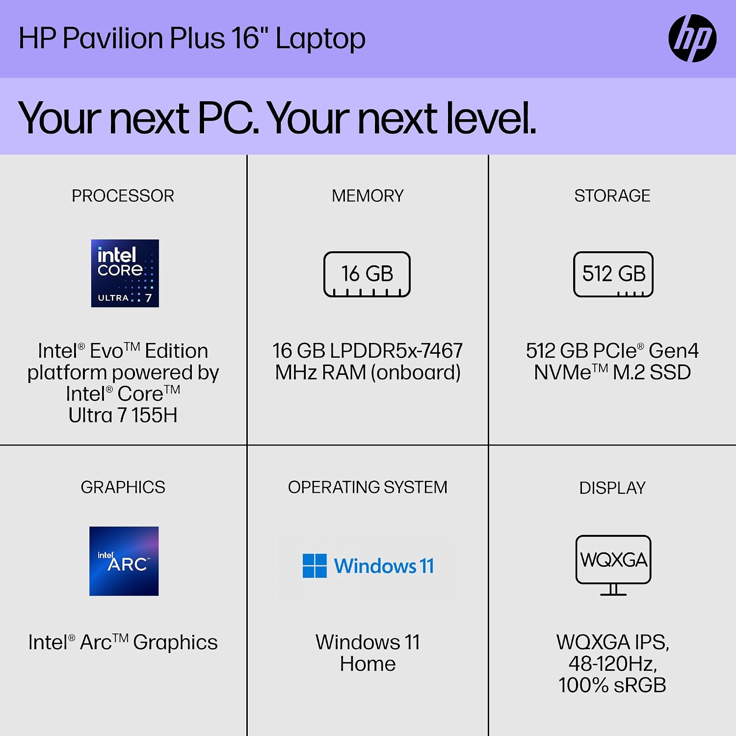 HP Pavilion Plus 16 inch Laptop, WQXGA Display, Intel Evo Edition Platform Powered by Intel Core Ultra 7 155H, 16 GB RAM, 512 GB SSD, Intel Arc Graphics, Windows 11 Home, 16-ab1010nr (2024)