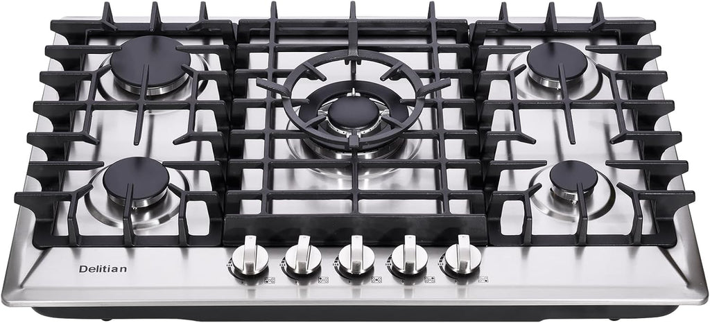 30 Inch Gas Cooktop Built-in 5 Burners Stainless Steel Gas Stovetop LPG/NG Convertible Dual Fuel Gas Hob DT5703