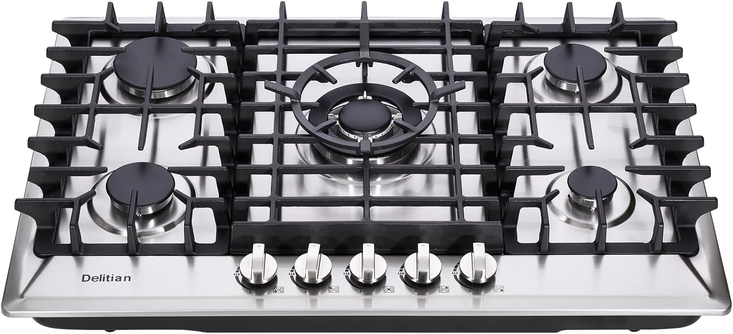 30 Inch Gas Cooktop Built-in 5 Burners Stainless Steel Gas Stovetop LPG/NG Convertible Dual Fuel Gas Hob DT5703