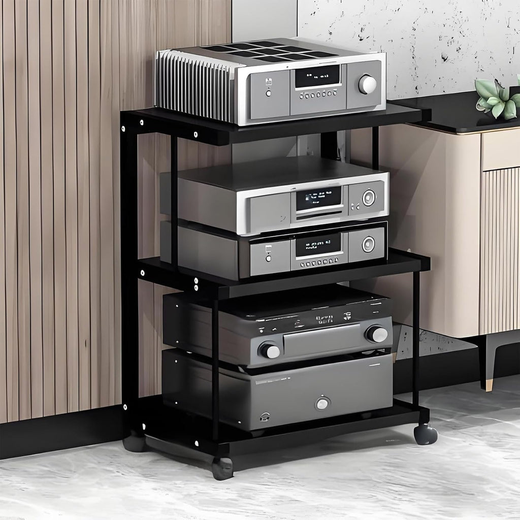 Black AV Cabinet with Movable Media Storage, Audio-Video Tower Stand, Stereo Rack for Home Theater, Wood Media Stand, 50x40x70cm, Perfect for Organizing Audio Equipment