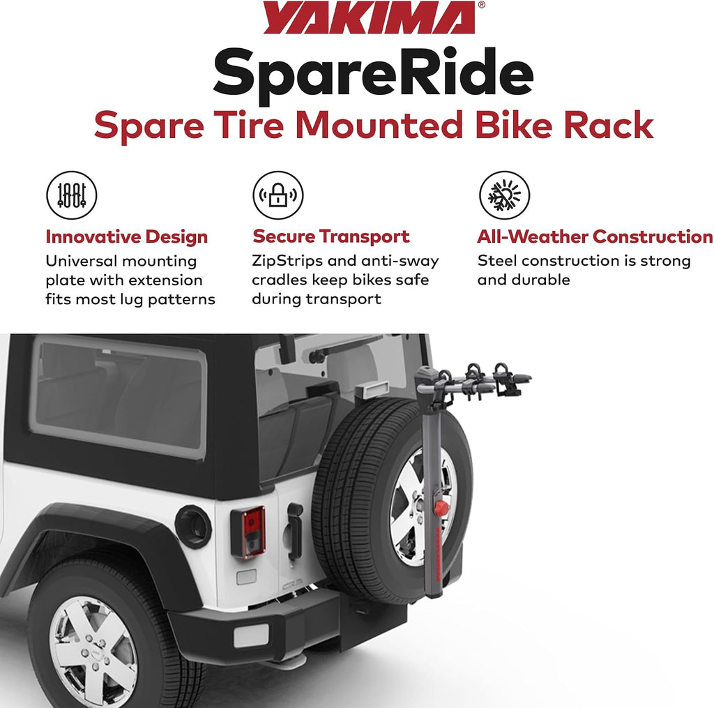 Yakima SpareRide Vehicle Rear Spare Tire Mounted Durable Steel Bike Rack with Integrated SKS Locks and Bottle Opener, Holds 2 Bicycles, Gray/Black