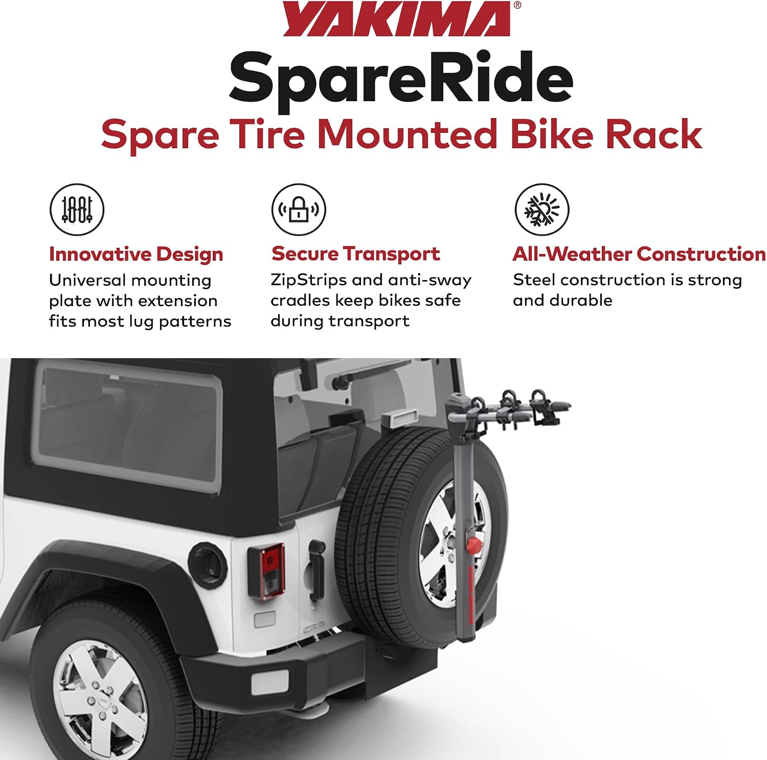 Yakima SpareRide Vehicle Rear Spare Tire Mounted Durable Steel Bike Rack with Integrated SKS Locks and Bottle Opener, Holds 2 Bicycles, Gray/Black