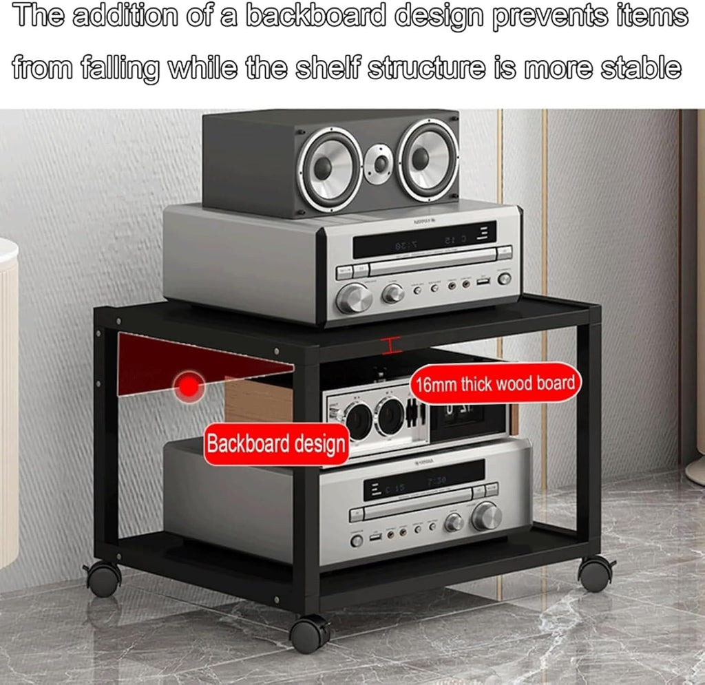 Audio Rack 2 Tier Stereo Rack Audio Equipment Rack Audio Stereo Shelf Wooden Open with Wheels Audio-Video Shelving Movable Durable(H35CM)