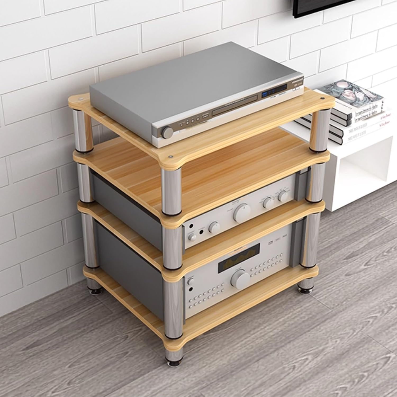 HiFi Audio Rack & Amplifier Stand for Home Theater, 2/3/4-Tier AV Equipment Shelf with Spikes Audio-Visual Shelving for Receiver, Turntable, Speaker(Wood,60 * 48 * 37cm(2Tier))