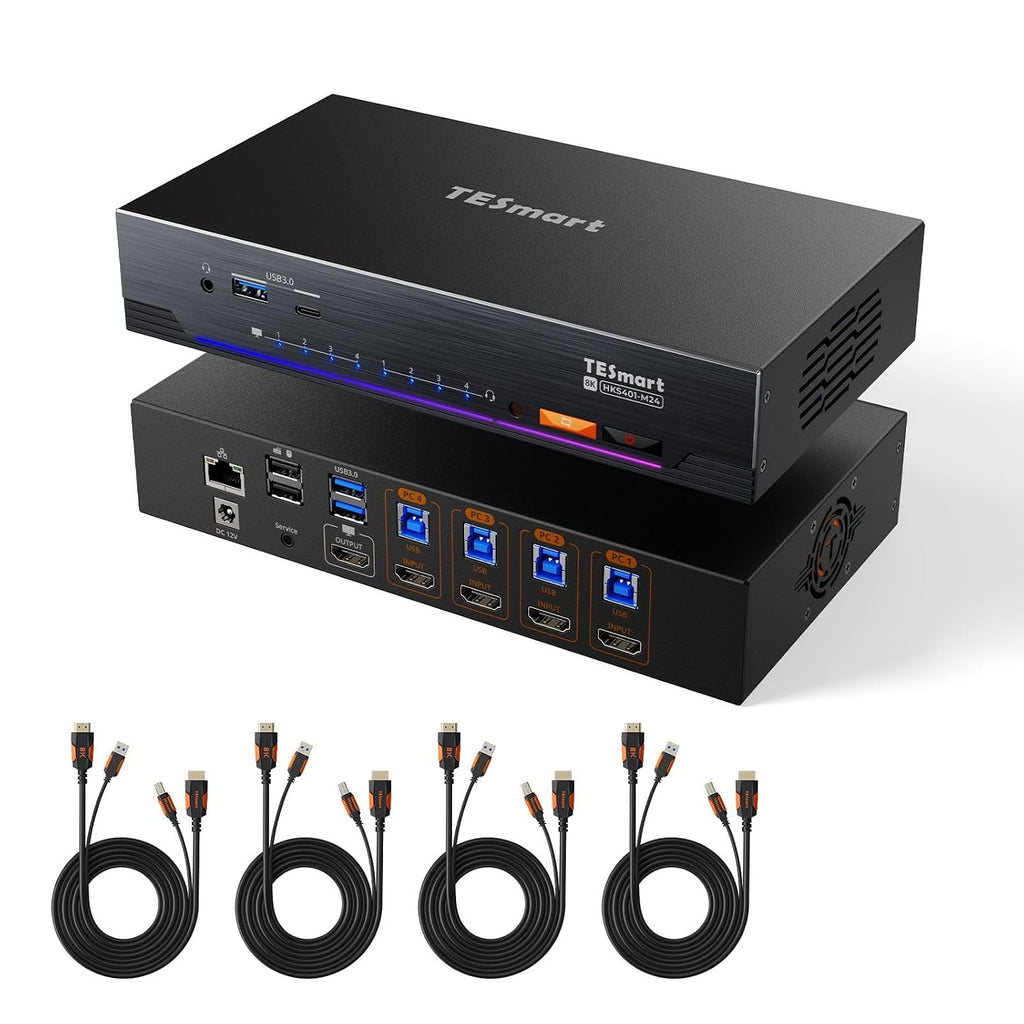 TESmart 8K@60Hz HDMI KVM Switch 4 Computers 1 Monitor USB 3.0, 4 Port KVM 4K@144Hz for Gaming, 1G Ethernet, EDID Emulators, Hotkey Switch, ADI Chip, Audio & Microphone with All Input Cables
