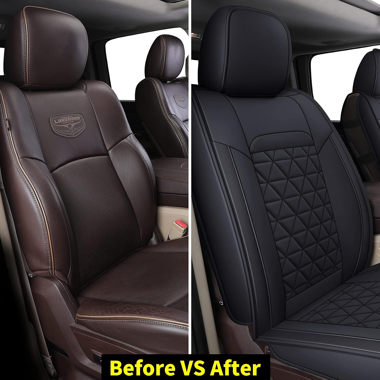 Coverado Car Seat Covers Compatible with Dodge Ram 2002-2026 1500 2500 3500 Pickup Limited Laramie Big Horn Waterproof Leather Seat Protectors Fit Dodge Ram Crew Cab& Quad Cab(2PCS, Black)