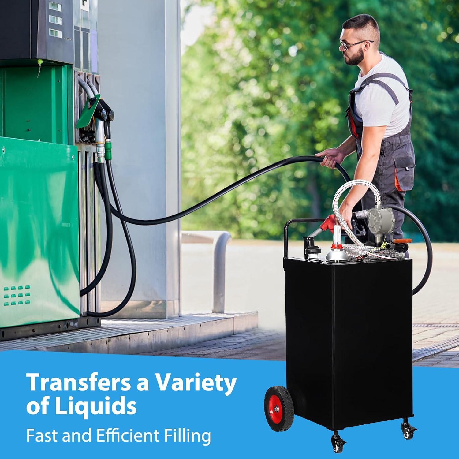 Garvee 30 gal Fuel Caddy with Manual Pump – Heavy Duty Gasoline & Diesel Transfer Tank On 4 Wheels, Spill-Proof Portable Fuel Container for Boat, Truck, Lawn Mower, ATV, Garage & Farm – Black