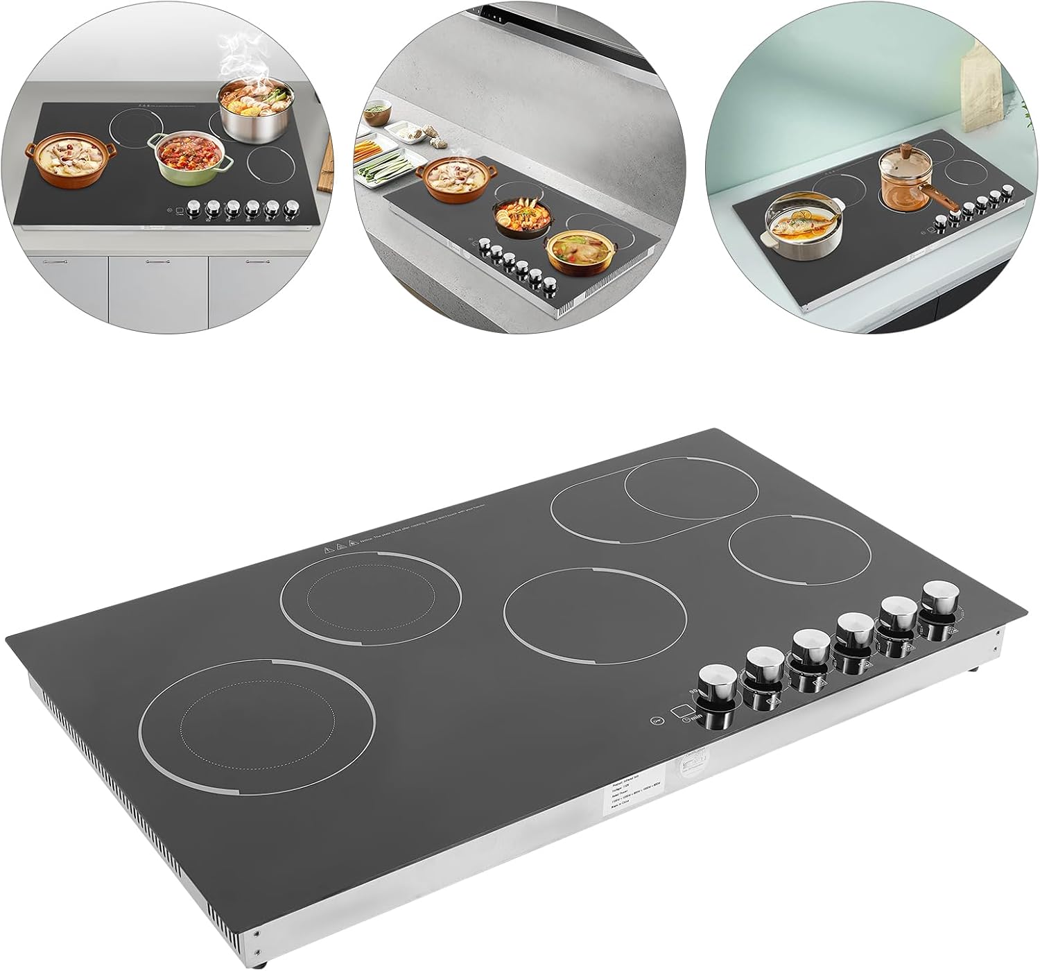 5 Burners Electric Cooktop, 35 Inch 48000W Electric Ceramic Cooktop Built-in Electric Stove Top with 5 Heating Levels, Kid Safety Lock, Timer and Knob Control, 110V for Hard Wire (No Plug)