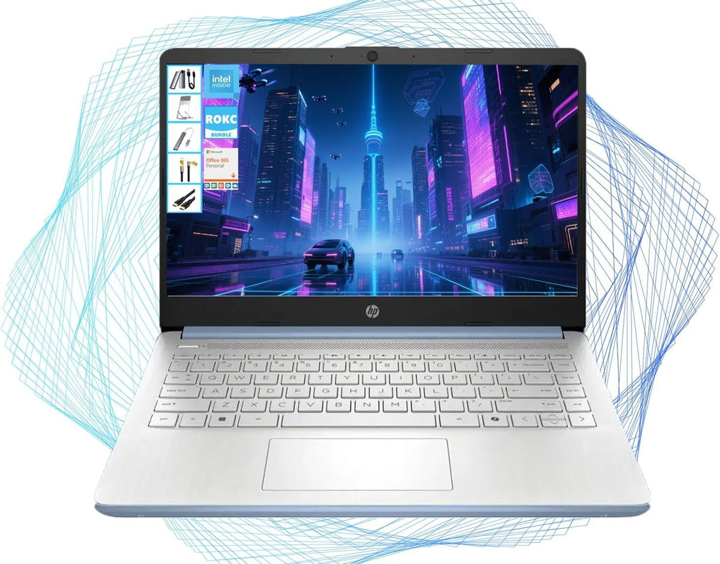 HP 14' HD Laptop with Microsoft Office and 1TB Cloud Storage (1-Year)| 8GB RAM| 128GB SSD & 128GB Portable SSD| Intel 4-Core CPU (Beat i3-10110U)| Ultra Light| Webcam| Windows 11| RK Bundle|Blue