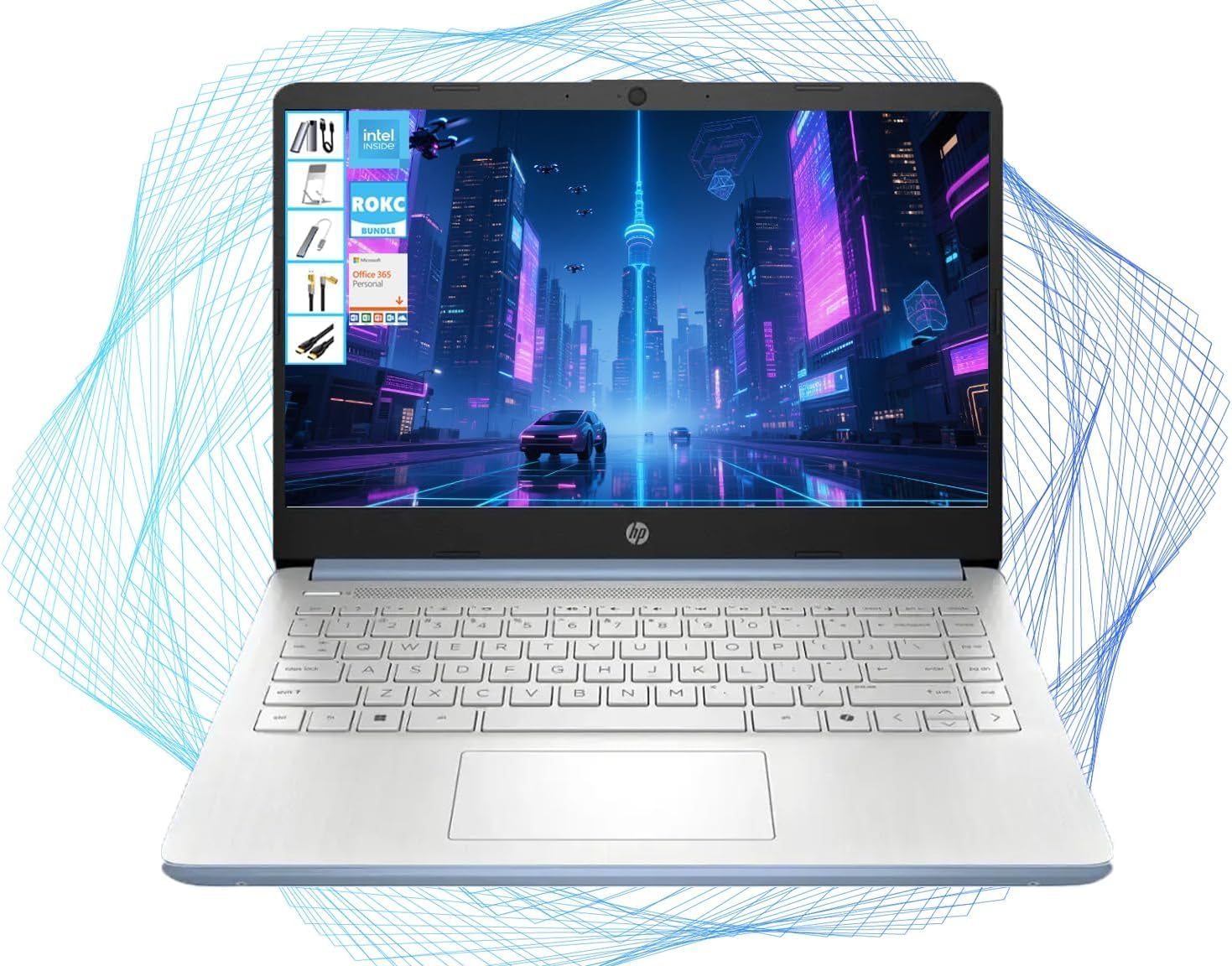 HP 14' HD Laptop with Microsoft Office and 1TB Cloud Storage (1-Year)| 8GB RAM| 128GB SSD & 128GB Portable SSD| Intel 4-Core CPU (Beat i3-10110U)| Ultra Light| Webcam| Windows 11| RK Bundle|Blue