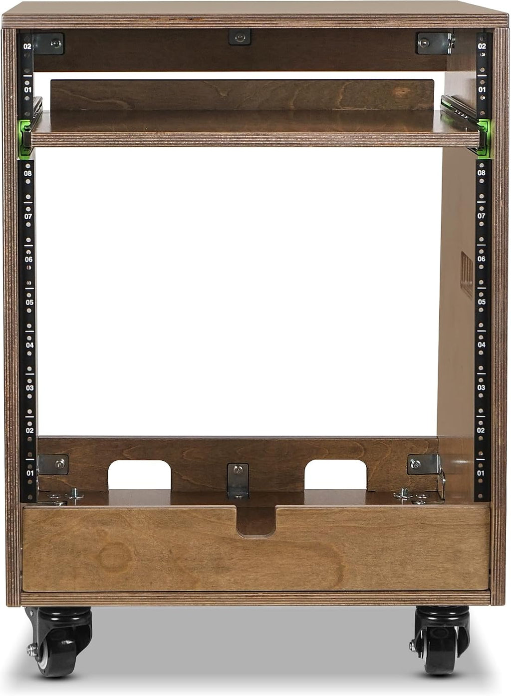 Sound Town DIY Slanted 10U Studio Rack (2U Top + 8U Lower), with 2U Bottom Storage, Slide-Out Tray, Caster, Plywood, Weathered Brown for Recording Room, Home Studio (SDRK-ST10TB)