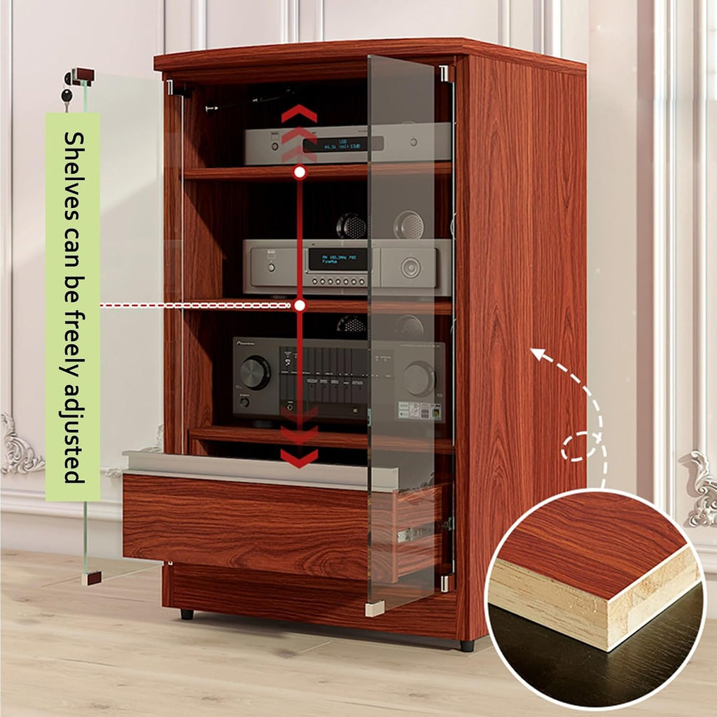 Media Stand with Storage, Audio Rack with Adjustable Shelves, Stereo Cabinet with Glass Doors, Flip Cover AV Cabinet, Wooden Media Storage Cabinet(Black,3-Tier)