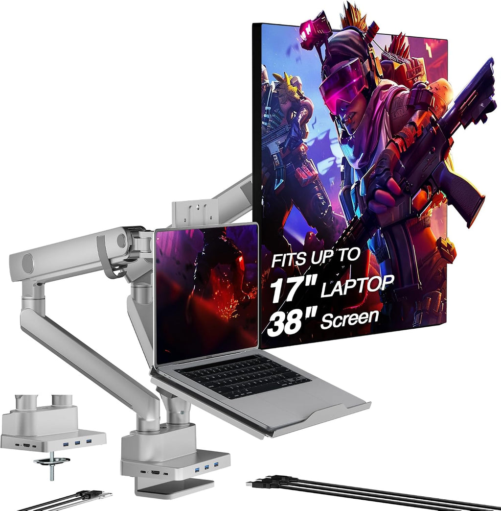 AVLT Dual 17'-38' Monitor Arm Desk Mount with 17' Laptop Tray and USB-C Docking Station, HDMI 4K60Hz, USB-A 5Gbps, Ethernet, 100W PD, Fits Two Flat/Curved - Gray