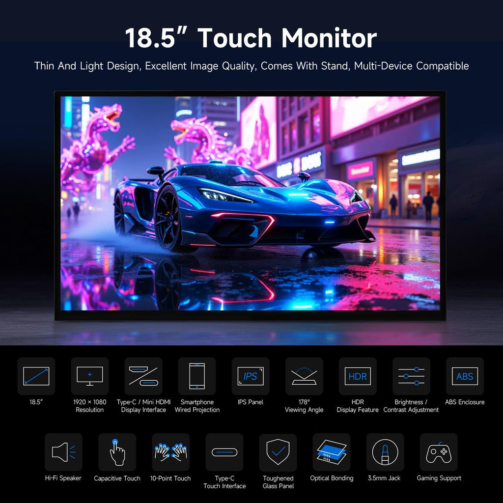 waveshare Luckfox 18.5inch Touch Monitor with Stand, Compatible with Raspberry Pi/Jetson Nano and PC, 1920 × 1080, 120Hz Refresh Rate, Mini HDMI/Type-C Display Ports, IPS Screen, 10-Point Touch