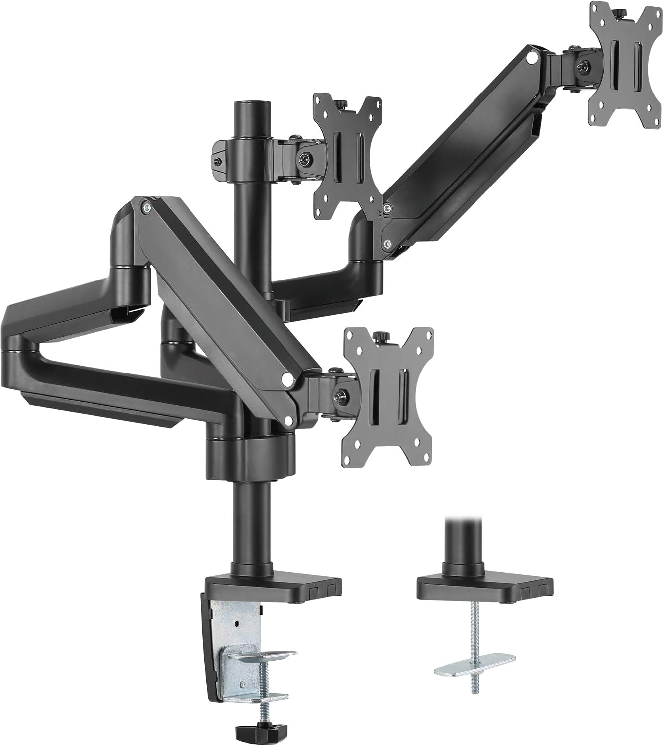 Mount-It! Triple Monitor Desk Mount with Full Motion Arms, 3 Monitor Riser with Gas Spring Arms for 27' Max Computer Screens, Sturdy Dual Clamp Base, Black