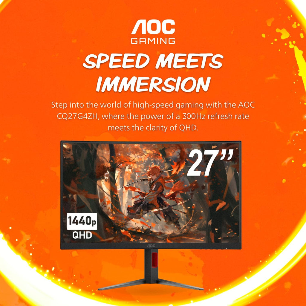 AOC CQ27G4ZH 27' Curved Gaming Monitor, QHD 2K 2560x1440, 1500R VA, 300Hz 0.3ms MPRT, HDMI x2, DP x1, Height Adjustable Stand, HDR, 3-Year Zero-Bright-dot