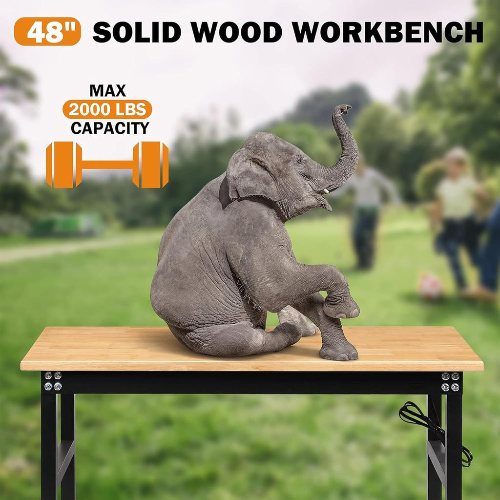 Betterhood 48' Adjustable Workbench on Wheels, Rubber Wood Heavy Duty Workstation with Power Outlets&2 Pegboards, 2000 Load Capacity Hardwood Worktable for Workshop, Garage, Office, Home, Commercial
