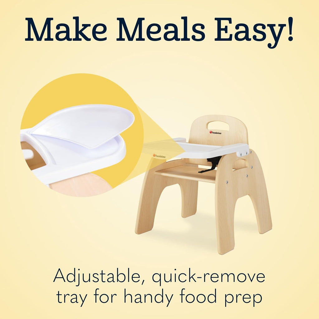 Foundations Easy Serve 7' Wood Feeding Chair for Toddlers, Adjustable Harness, Removable Dishwasher Safe Tray, 'No Tip' Base, Baltic Birch Plywood