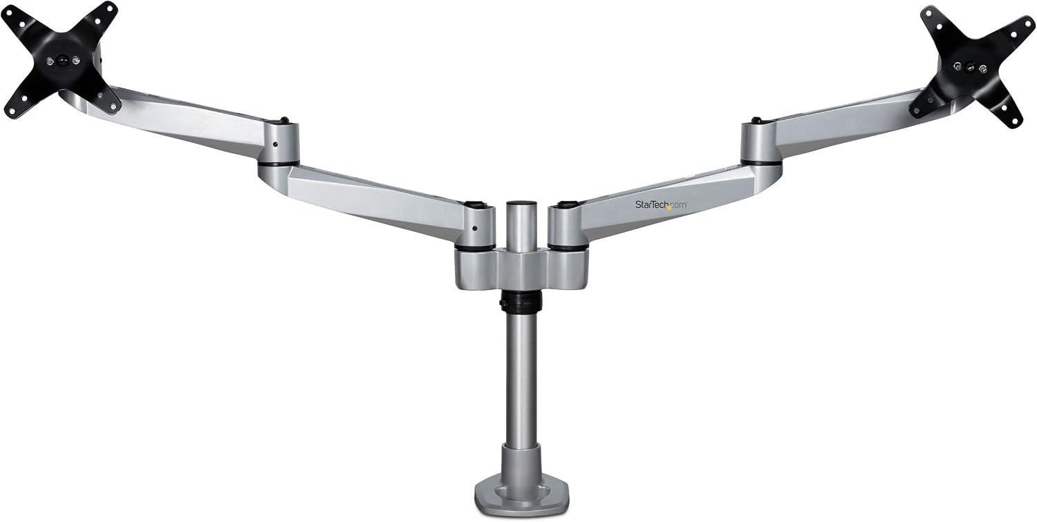 StarTech.com Desk Mount Dual Display Arm, Premium Articulating VESA Mount for Screens up to 27' (17.6lb/8kg), Height Adjustment, Rotate, Tilt, Swivel, Clamp or Grommet Base, TAA