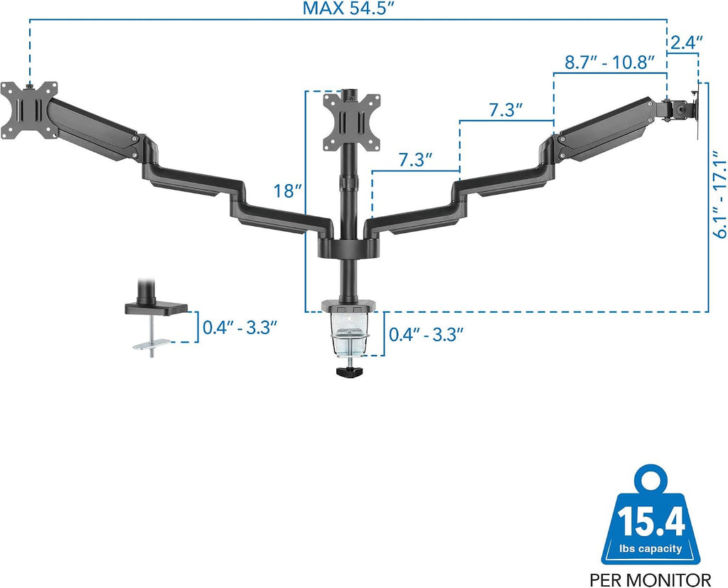 Mount-It! Triple Monitor Desk Mount with Full Motion Arms, 3 Monitor Riser with Gas Spring Arms for 27' Max Computer Screens, Sturdy Dual Clamp Base, Black