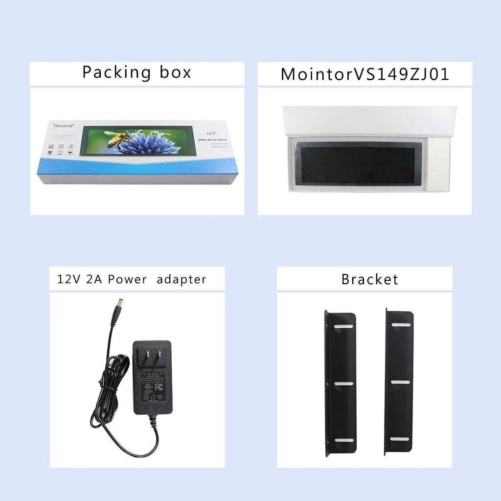 VSDISPLAY 14.9inch 1280x390 LCD Monitor VS149ZJ01,which with Screen LTA149B780F and DVI VGA Input Controller Board 68676, as a bar Display Monitor/Advertising Screen
