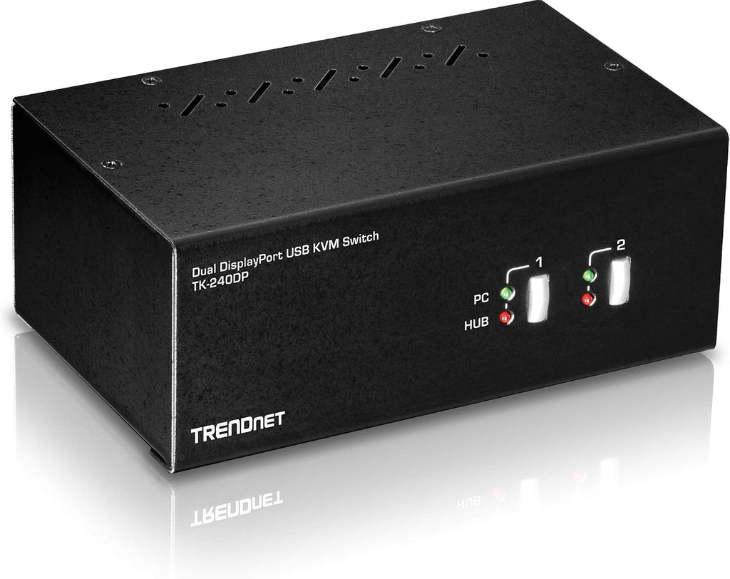 TRENDnet 2-Port 4K Dual Monitor DisplayPort KVM Switch with Audio, TK-240DP, 2560 x 1440 @ 144Hz, 2-Port USB 2.0 Hub, Connect Two Monitors, NDAA + TAA Compliant, Black