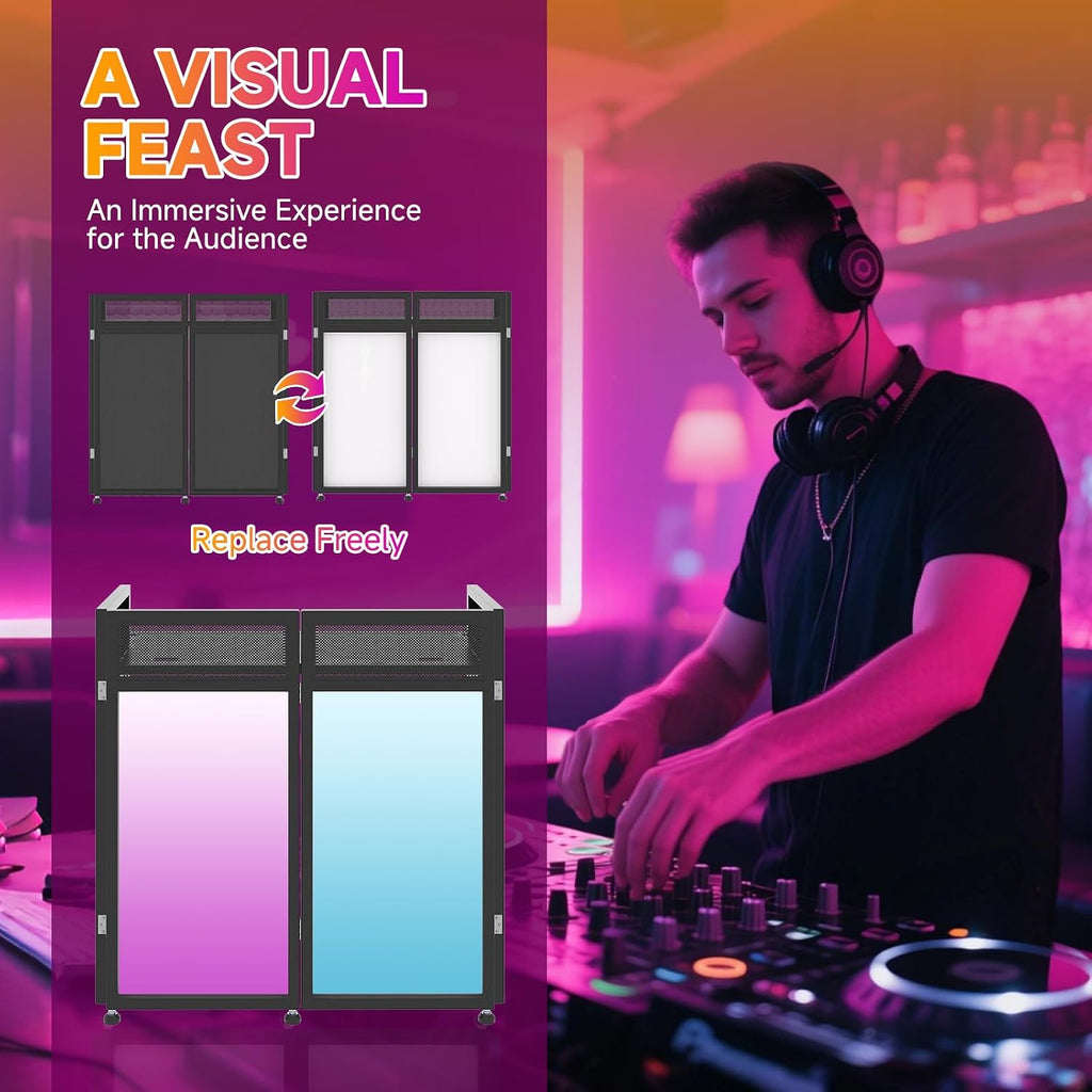 Vallisco DJ Facade Booth Table 40' x 20' - Portable Detachable DJ Booth Table Station with Black/White Scrims & Carry Bag for Show, Party, Gathering