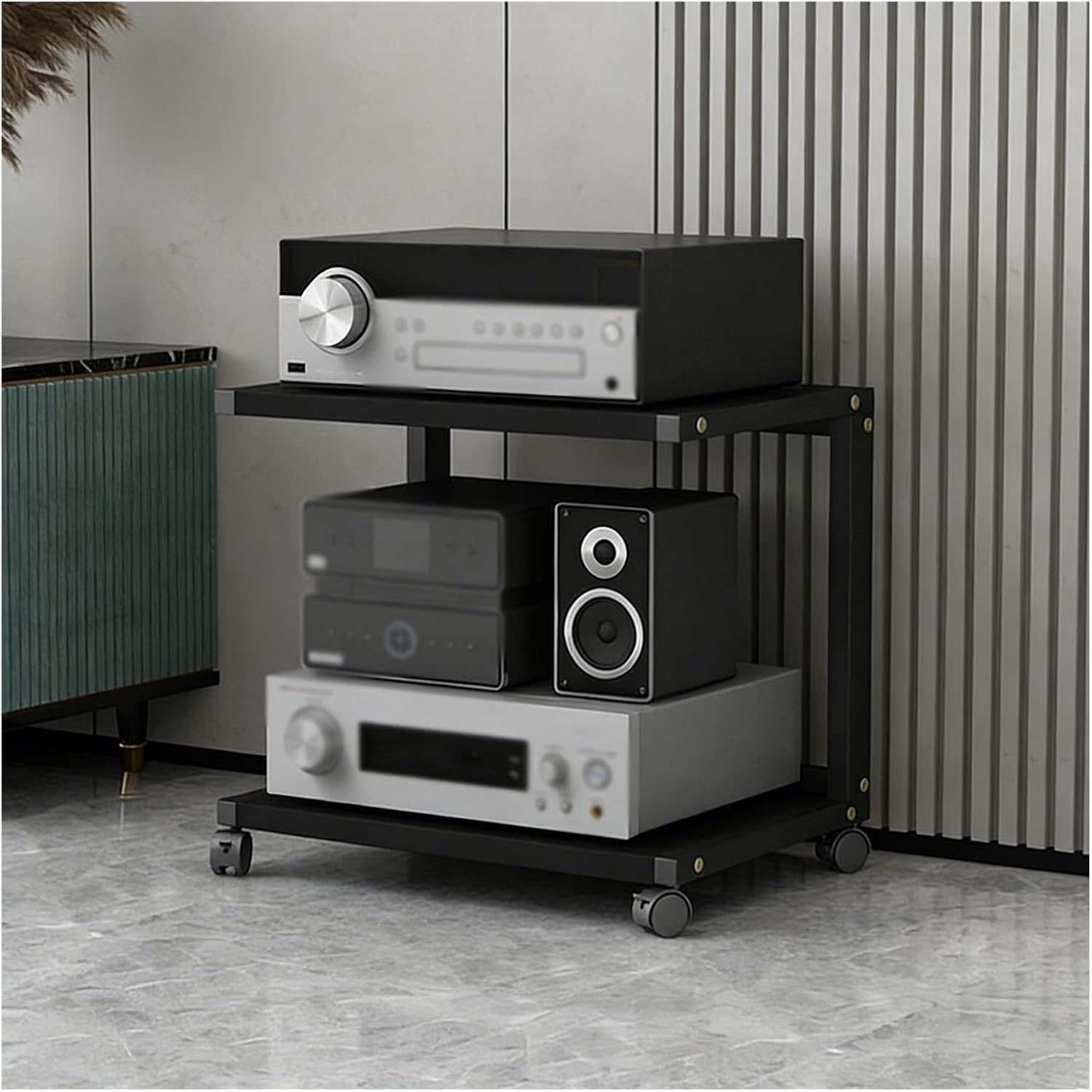 YLLFFLL Easy Assembly Av Storage Cabinet 2-Tiers HiFi Racks Media Black, Audio Component Rack Tower Media Stereo Stand Equipment Shelf for Living Room, on Wheels(H 50CM(19 7/10IN))
