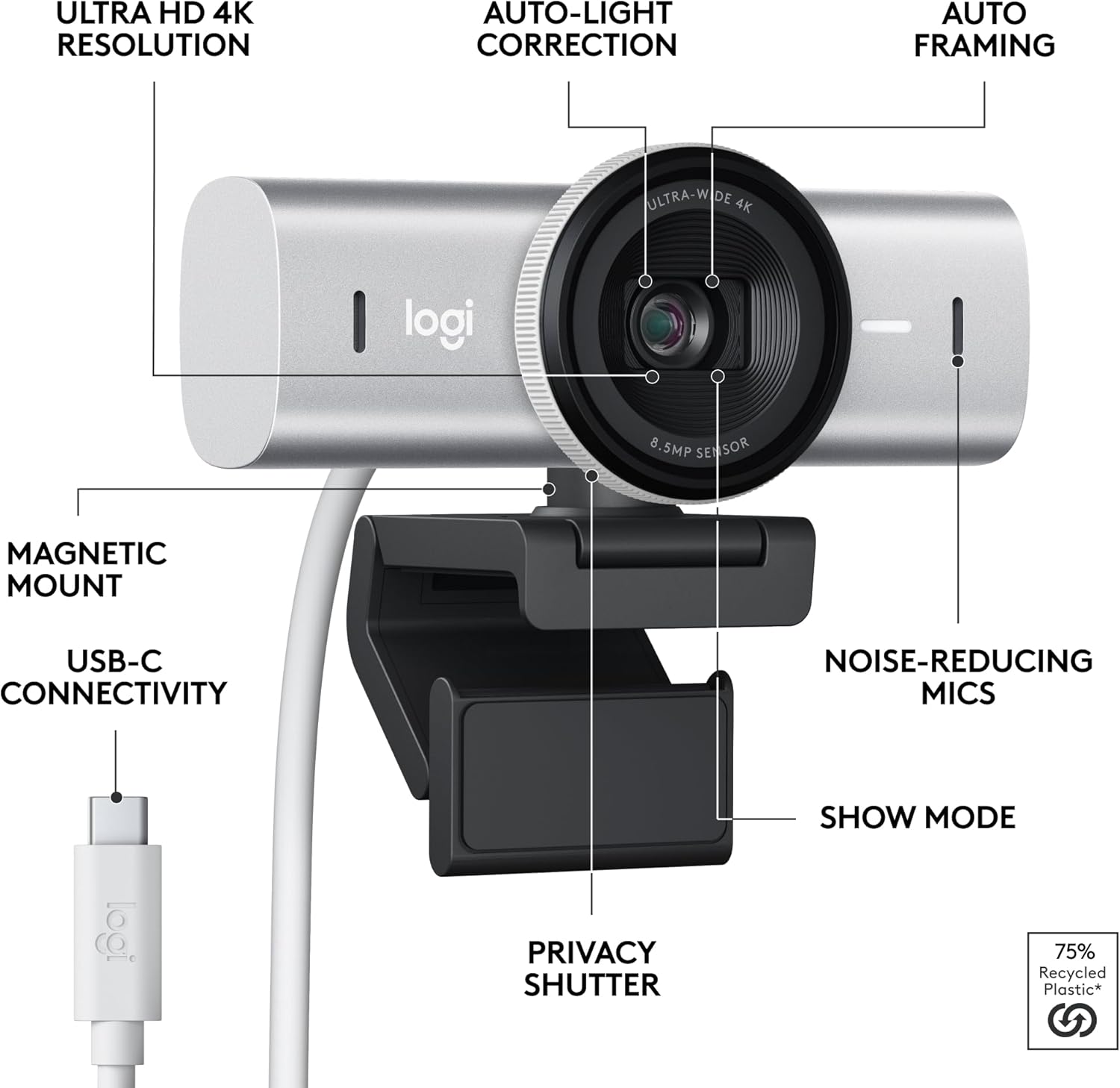 Logitech MX Brio Ultra HD 4K Collaboration, Streaming Webcam, 1080p at 60 FPS, Show Mode, Works with Microsoft Teams, Zoom, Google Meet, Nintendo Switch 2 New GameChat - Pale Gray