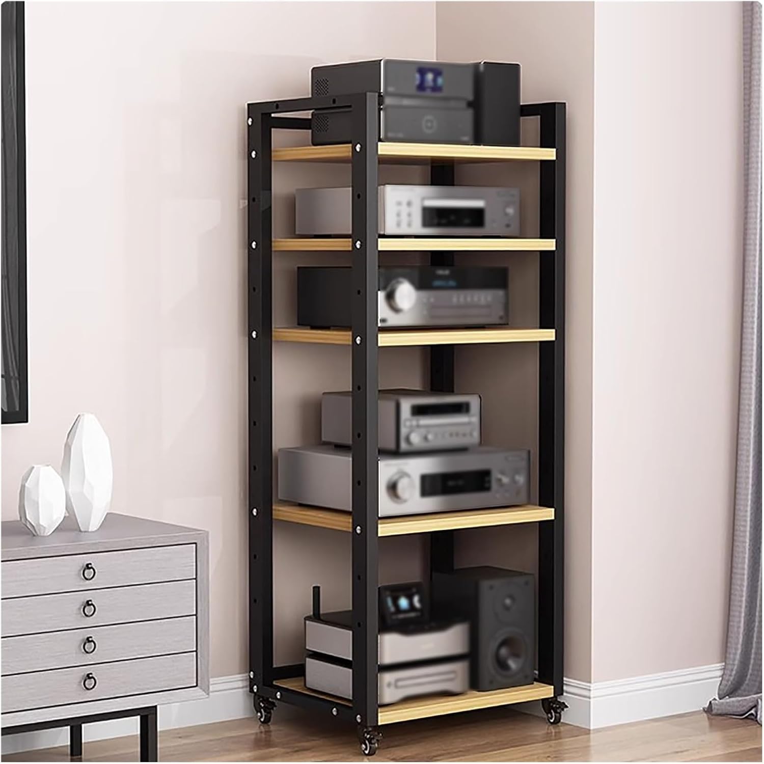 5 Tier Tall Audio/Video Tower Corner Media Component Stand, Home Theater Office Stereo Entertainment Cabinet Speaker Gaming Console CD DVD Player Storage Rack, Large Electronic Equipment Shelf(Beige