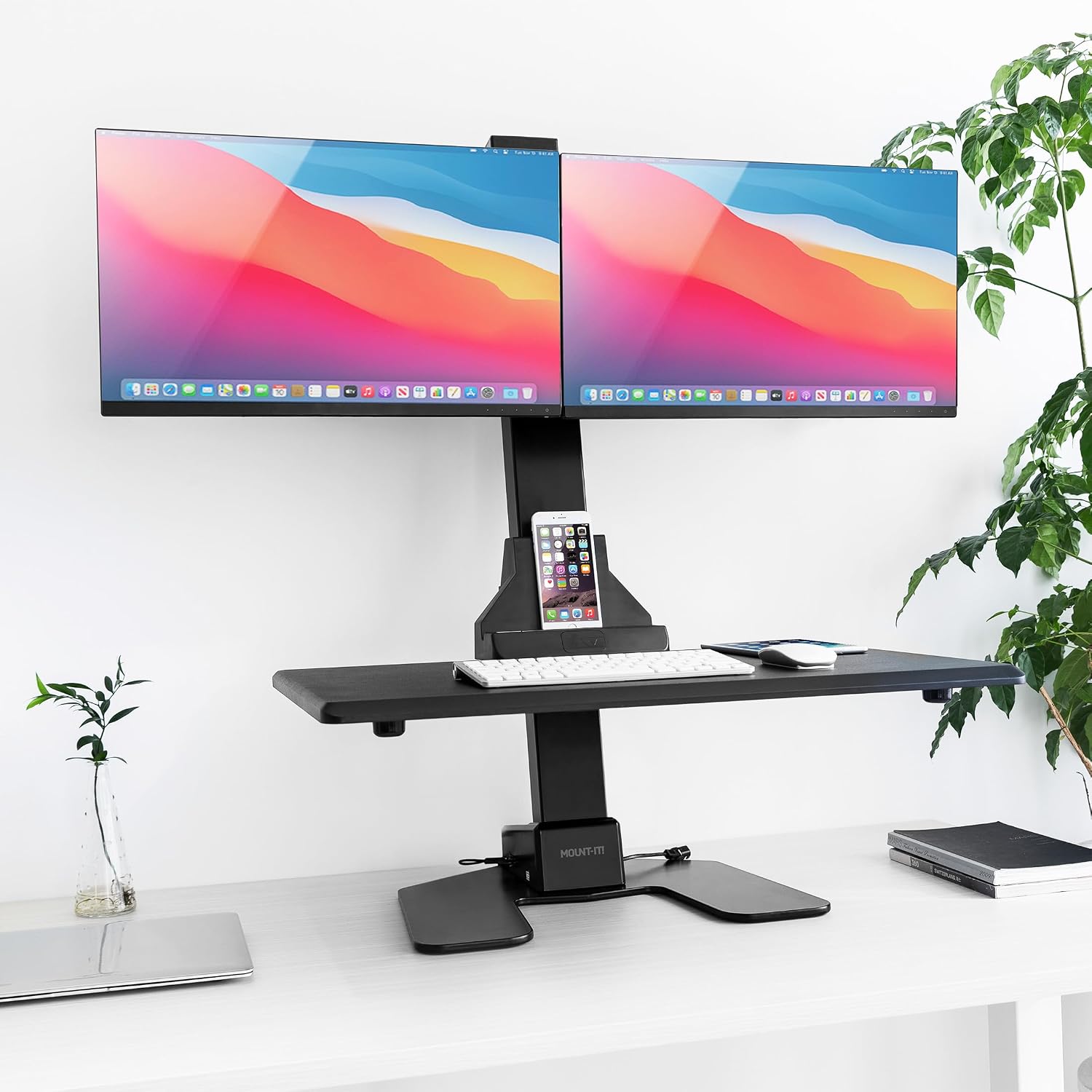 Mount-It! Double Monitor Electric Standing Desk Converter - 2 Screens Stand Up Desk Riser - Height Adjustable Desktop & 2 Mounts for Screens up to 32', Sit-Stand Convertor for Home, Office, School