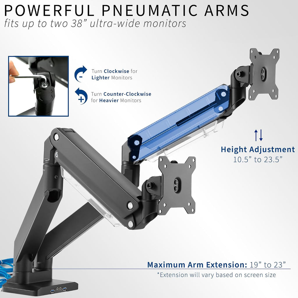 VIVO Premium Aluminum Heavy Duty Arms, Fits 2 Ultrawide Monitors up to 38 inches, Widescreen Dual Monitor Desk Mount with Instant Pneumatic Spring Height Adjustment VESA Stand, USB 3.0, STAND-V102G2U