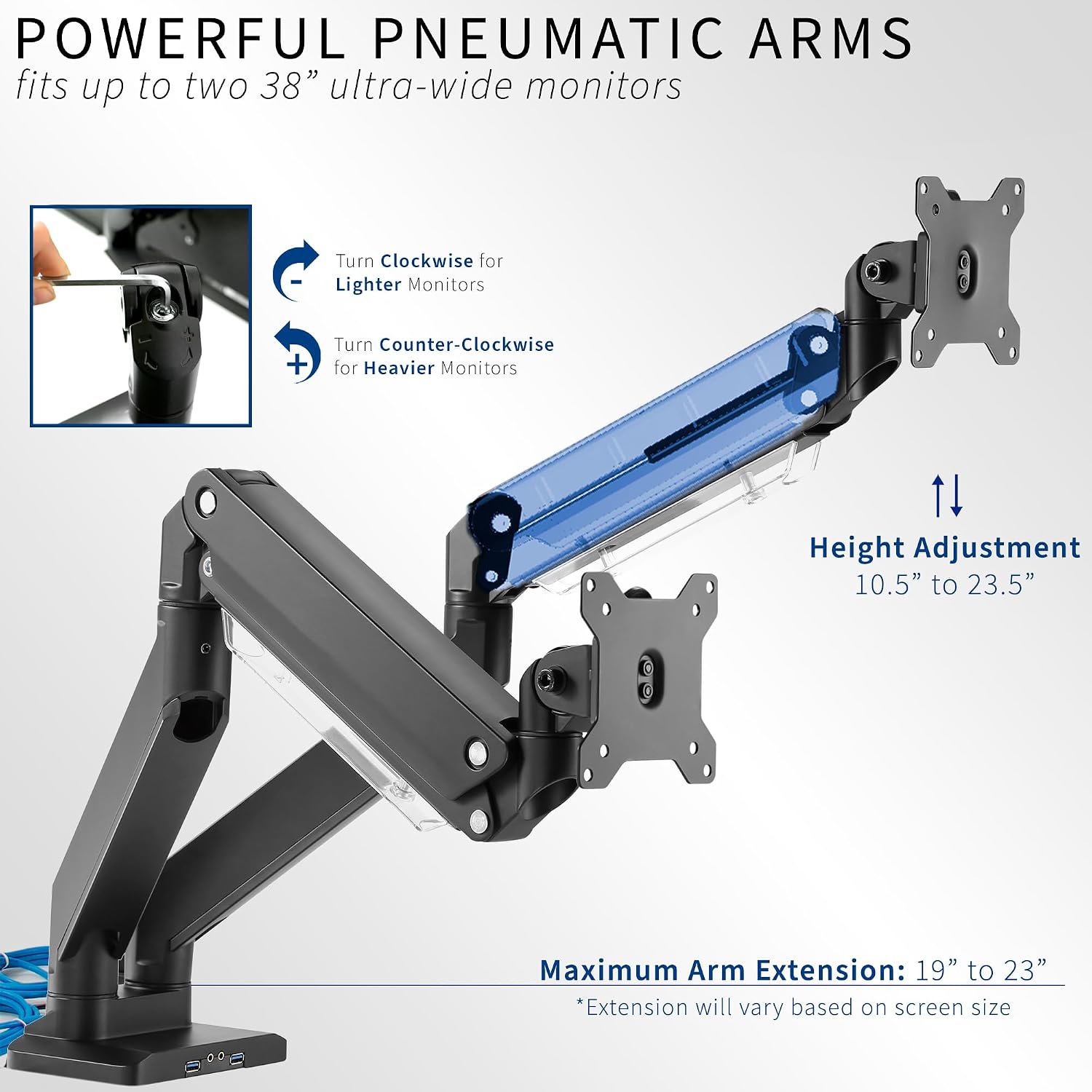 VIVO Premium Aluminum Heavy Duty Arms, Fits 2 Ultrawide Monitors up to 38 inches, Widescreen Dual Monitor Desk Mount with Instant Pneumatic Spring Height Adjustment VESA Stand, USB 3.0, STAND-V102G2U