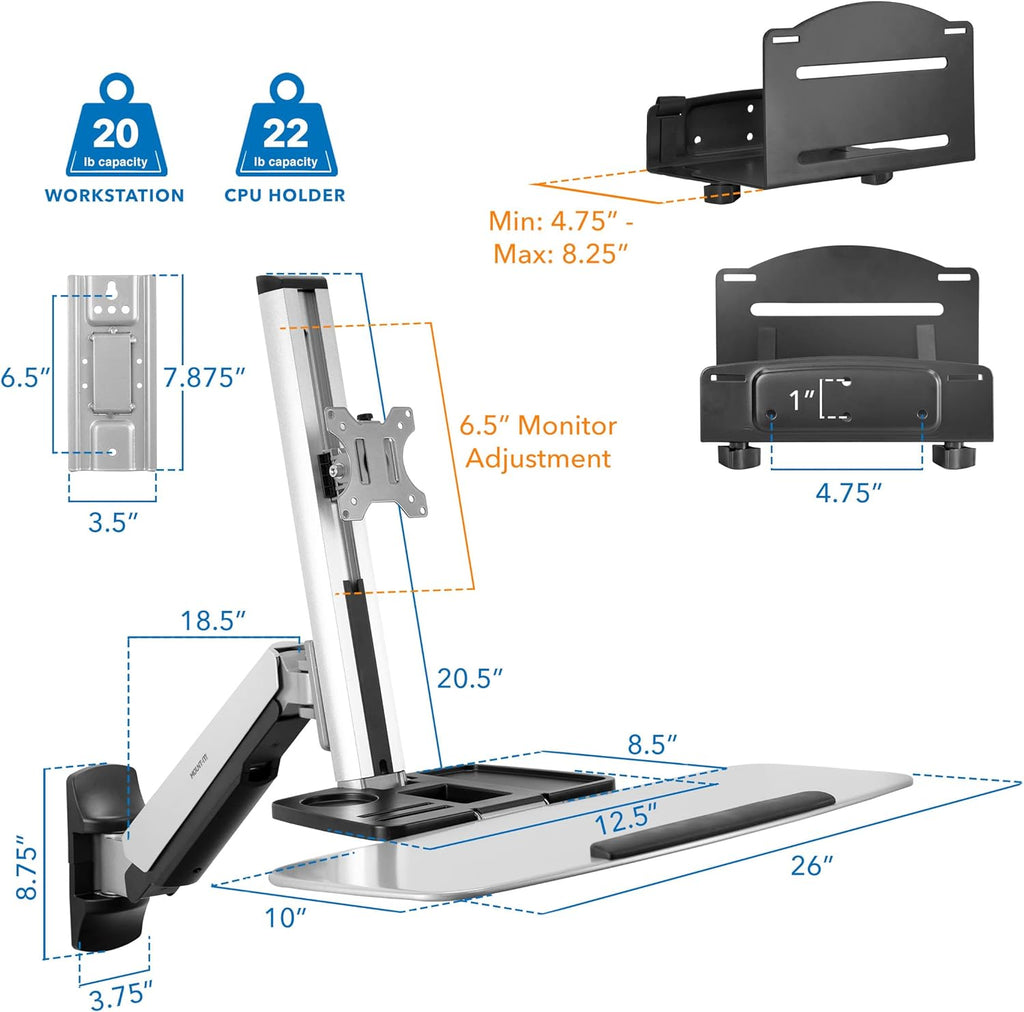 Mount-It! Wall Mounted Sit-Stand Single Monitor Workstation with Gas Spring Arm, Keyboard Tray & CPU Holder, 19.9' Height Adjustment, 41' Extension, VESA 75x75 100x100, MI-7905