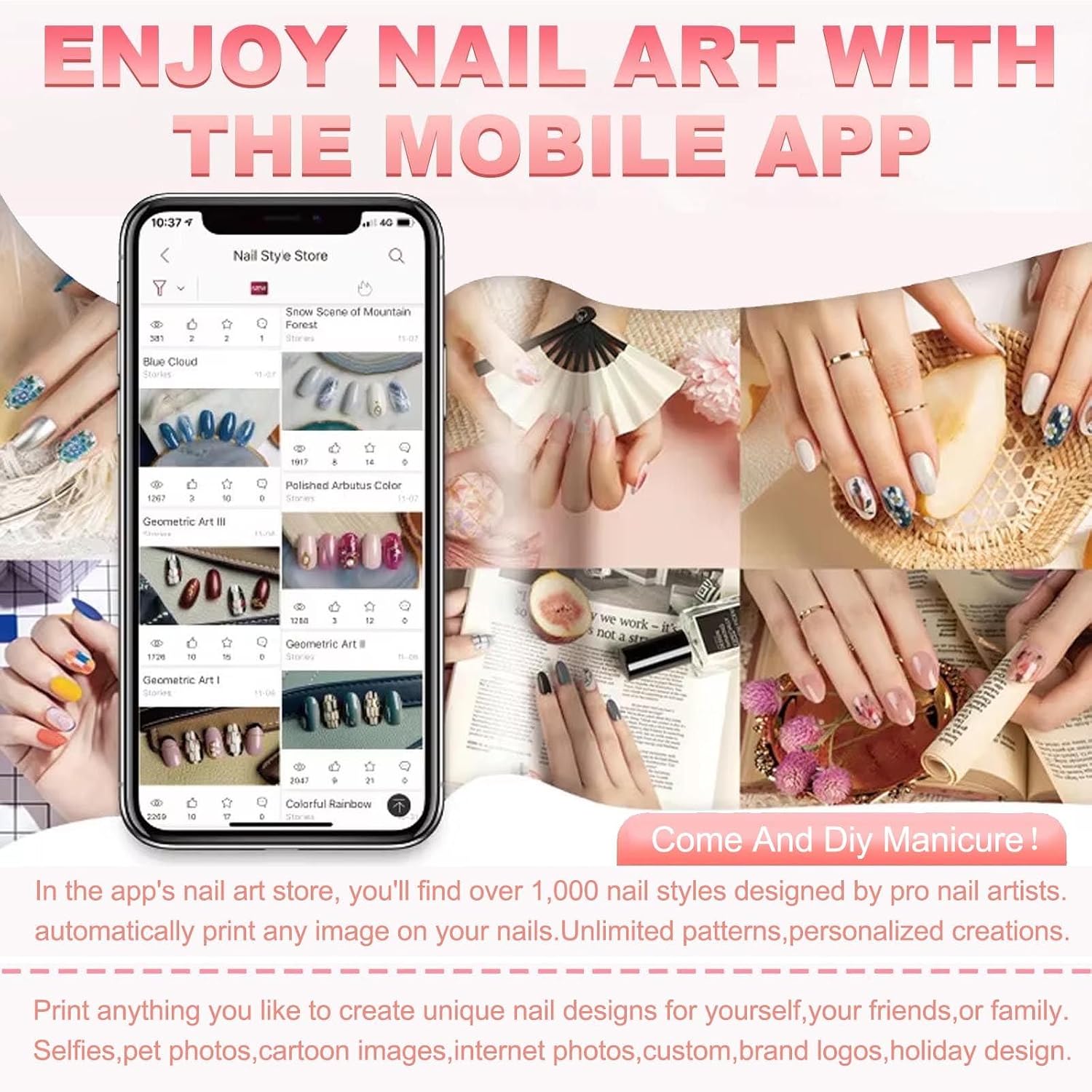 3D Nail Printer Robot Nail Painting Machine Smart Printer - Digital Intelligent Art Printers for Kids/Nails Salon/Manicure/Nails Lovers, Over 1000 Pictures, 20s Done, No Skills Needed Pink