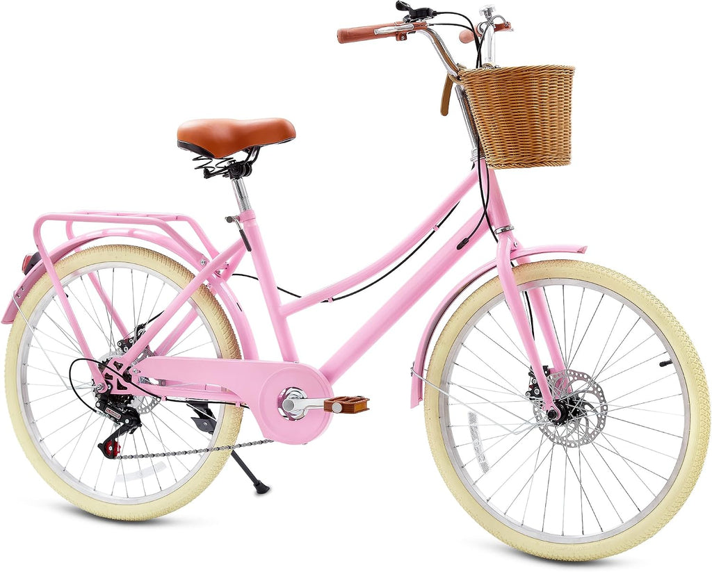 DEYGIA Kids Bike, Retro Cruiser Bike for Girls, 20 24 Inch 7-Speed Kids Bicycles for Ages 6-14 Girls Youth with Rattan Basket, Dual-Disc Brake Carbon Steel Frame Lightweight Bicycle, Multiple Colors