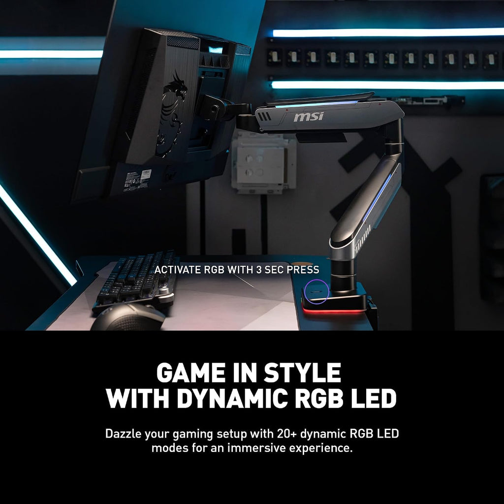 MSI MPG MT201R - Premium RGB Single Monitor Stand Arm, Supports 17-49' Screens and 44 lbs, VESA Compatible, Adjustable Heavy Duty Gas Spring Mount, Clamp & Grommet, Quick Release Plate - Gray