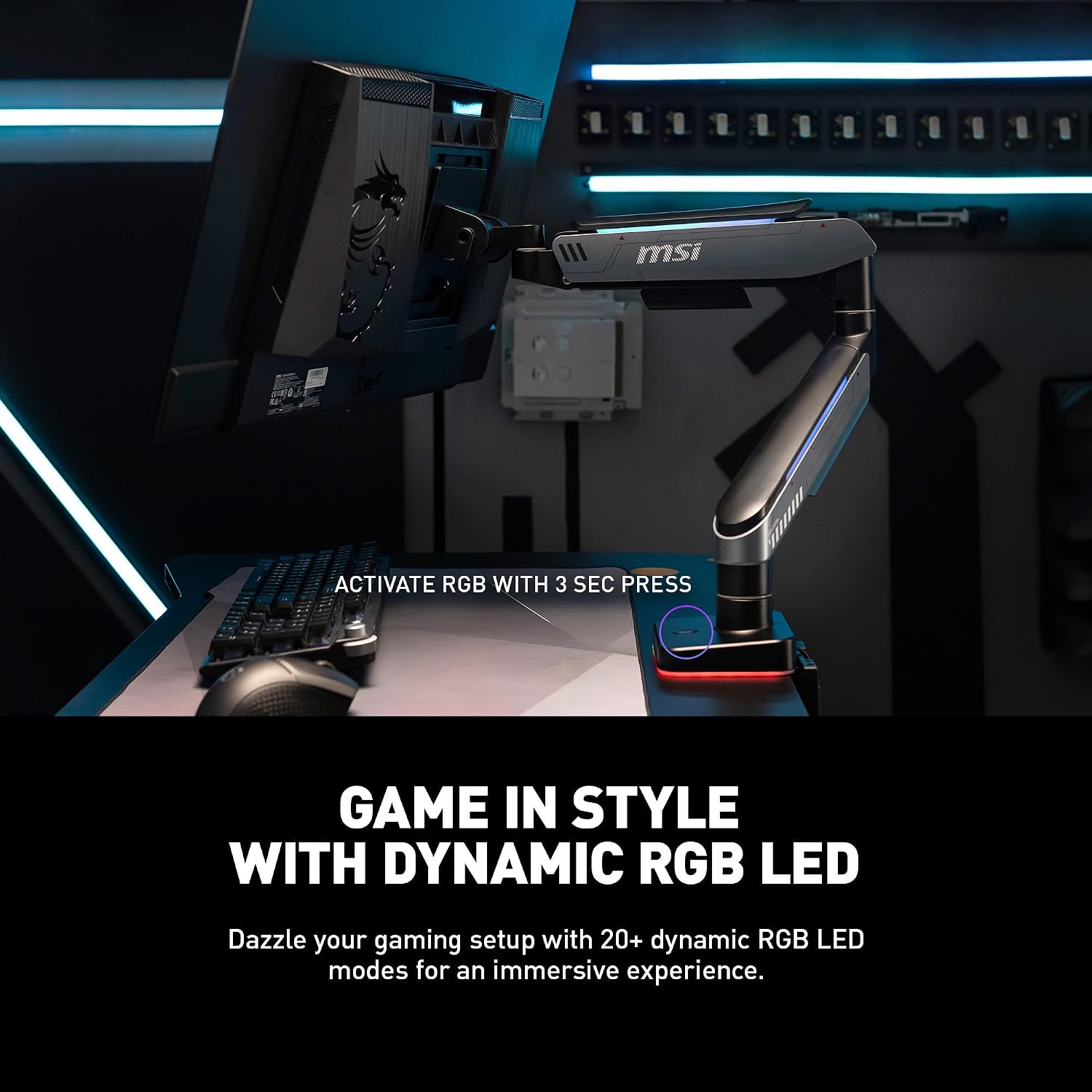 MSI MPG MT201R - Premium RGB Single Monitor Stand Arm, Supports 17-49' Screens and 44 lbs, VESA Compatible, Adjustable Heavy Duty Gas Spring Mount, Clamp & Grommet, Quick Release Plate - Gray