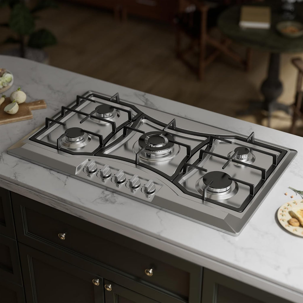 36 inch Drop-in Gas Cooktop with 5 Sealed Burners, Stainless Steel Gas Stovetop, Dishwasher Safe Cast Iron Grates, NG/LPG Convertible, 38K BTU