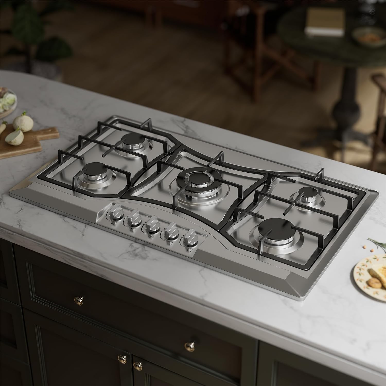 36 inch Drop-in Gas Cooktop with 5 Sealed Burners, Stainless Steel Gas Stovetop, Dishwasher Safe Cast Iron Grates, NG/LPG Convertible, 38K BTU