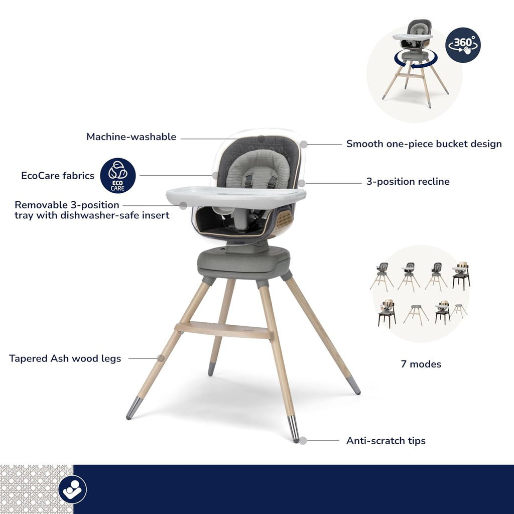 Maxi-Cosi Kiskadee 360 Rotating High Chair, 7 Modes, Infant to 5 Years up to 50 lbs, ClipQuik Magnetic Clip, 3-Position Tray, Washable Pad, Infant Recline, Booster Seat, Child Stool, Onyx Heritage