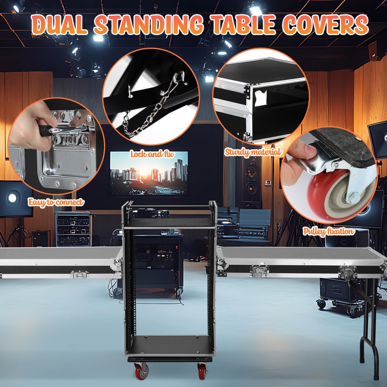 16u Dj Road Case, Recording Studio Rack Stand With Audio Mixer Stand & Wheels, Portable Media Storage Cabinet for Stage Performance Professional Audio Storage