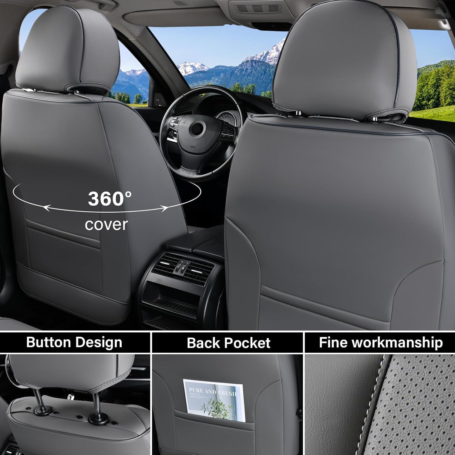 Coverado Universal Seat Covers Front, 2-Pack Waterproof Seat Covers for Cars, Universal Nappa Leather Car Seat Covers with Head Pillow, Auto Protectors Fit for Most Sedans SUV Pick-up Truck-Gray