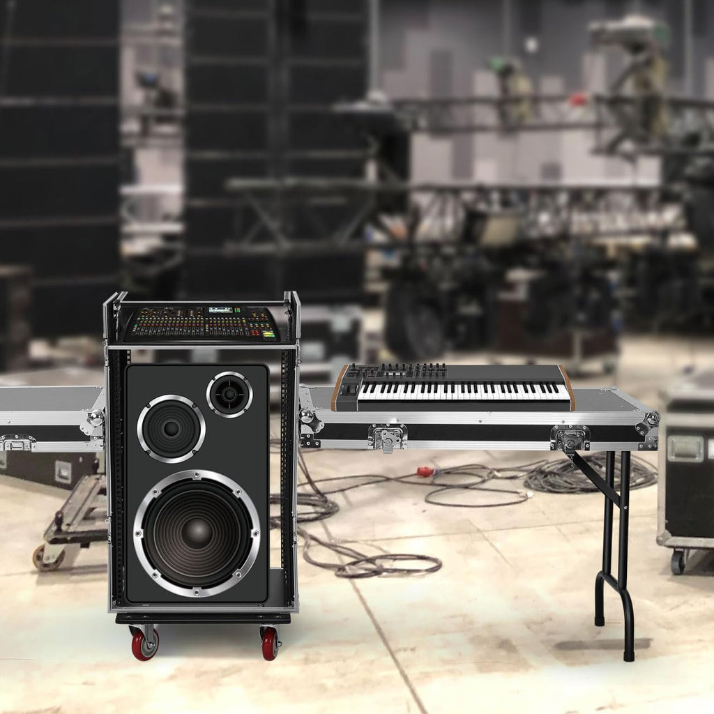 16u Dj Road Case, Recording Studio Rack Stand With Audio Mixer Stand & Wheels, Portable Media Storage Cabinet for Stage Performance Professional Audio Storage