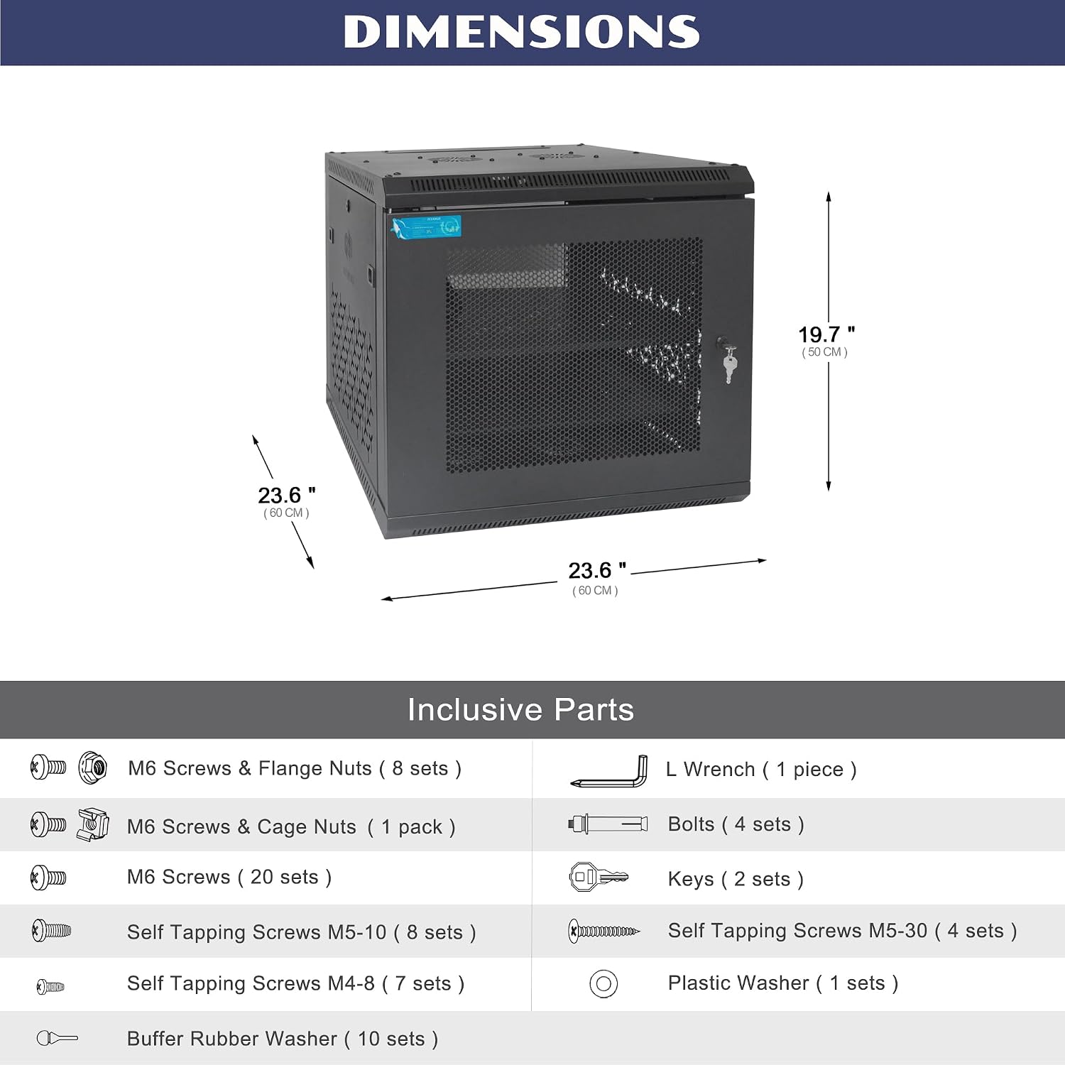 9U Wall Mount Server Cabinet with A Lockable Front Vented Door, Cooling Fans, Removable Side Panels - 60cm Depth, 19' Network Rack Including 2 PCS Full-Size Rack Shelves for IT Equipment